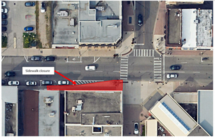 The map below summarizes the above information regarding South side sidewalk closure required to accommodate the work associated with the 28 & 32 Market St. Roof Replacement project. 