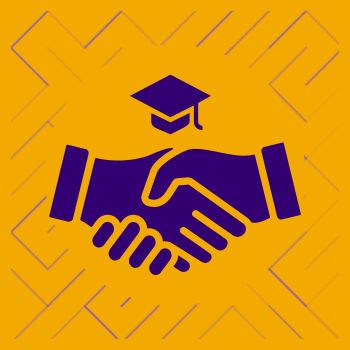 A graphic of two hands shaking below a graduation cap.